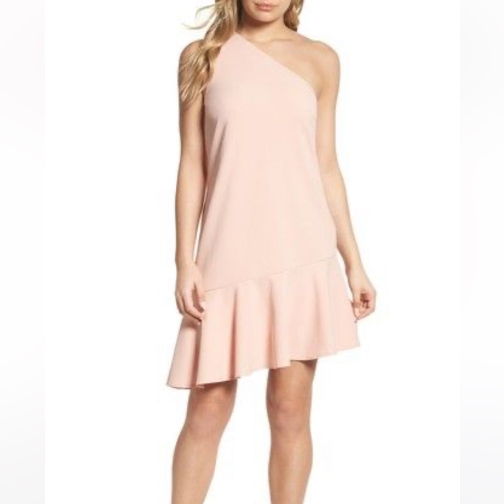 Charles Henry One-Shoulder Ruffle Dress in Blush